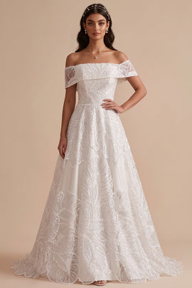 Sparkly White Floral A-Line Beaded Floor-Length Wedding Dress