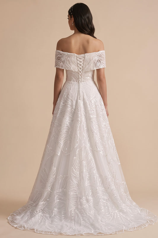 Sparkly White Floral A-Line Beaded Floor-Length Wedding Dress