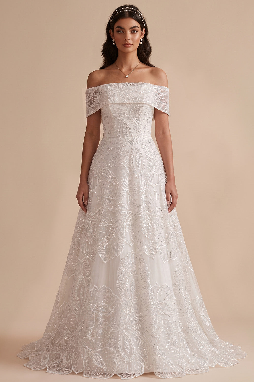 Sparkly White Floral A-Line Beaded Floor-Length Wedding Dress