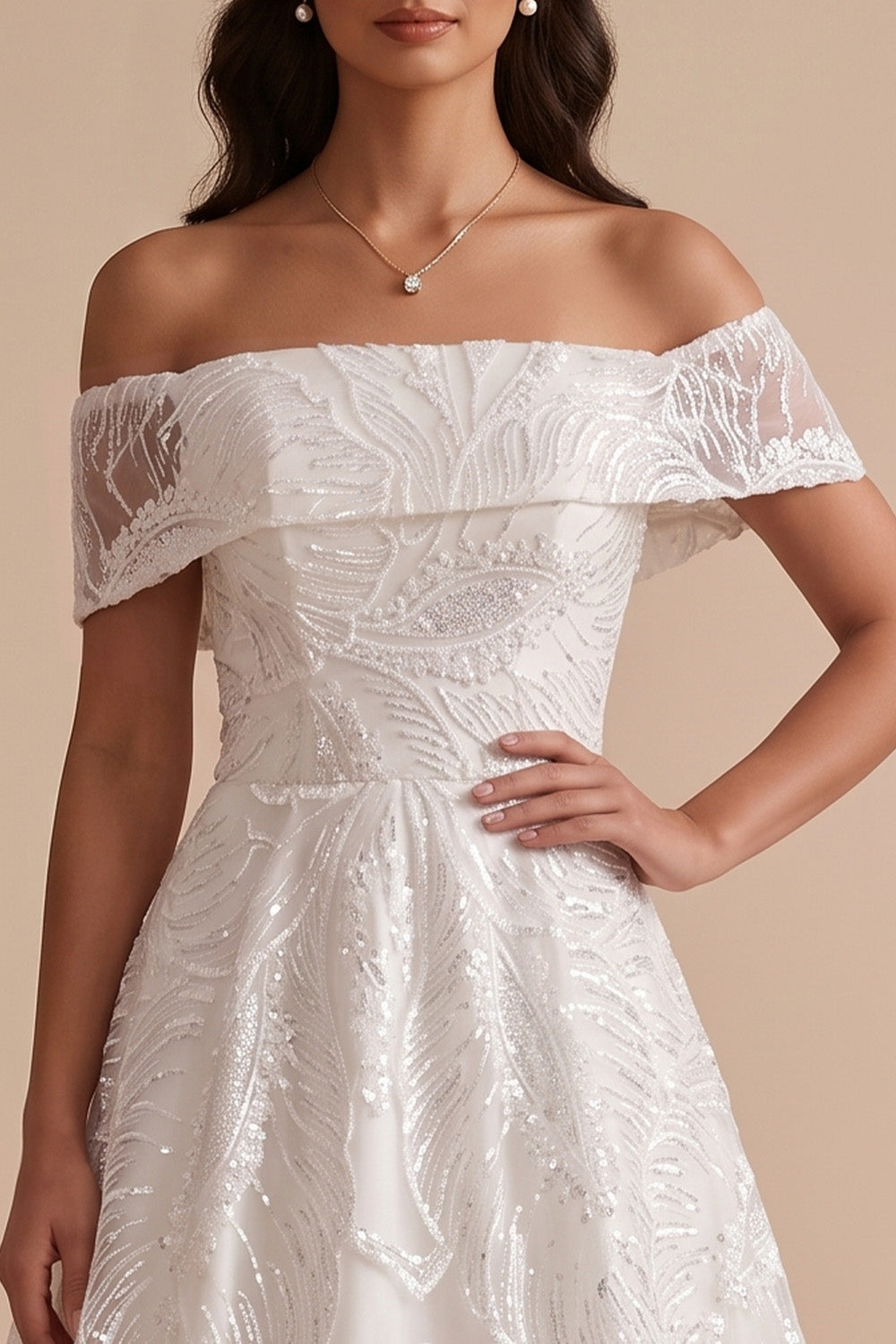 Sparkly White Floral A-Line Beaded Floor-Length Wedding Dress