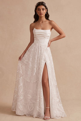 White Floral A-Line Strapless Ruched Floor-Length Wedding Dress with Slit