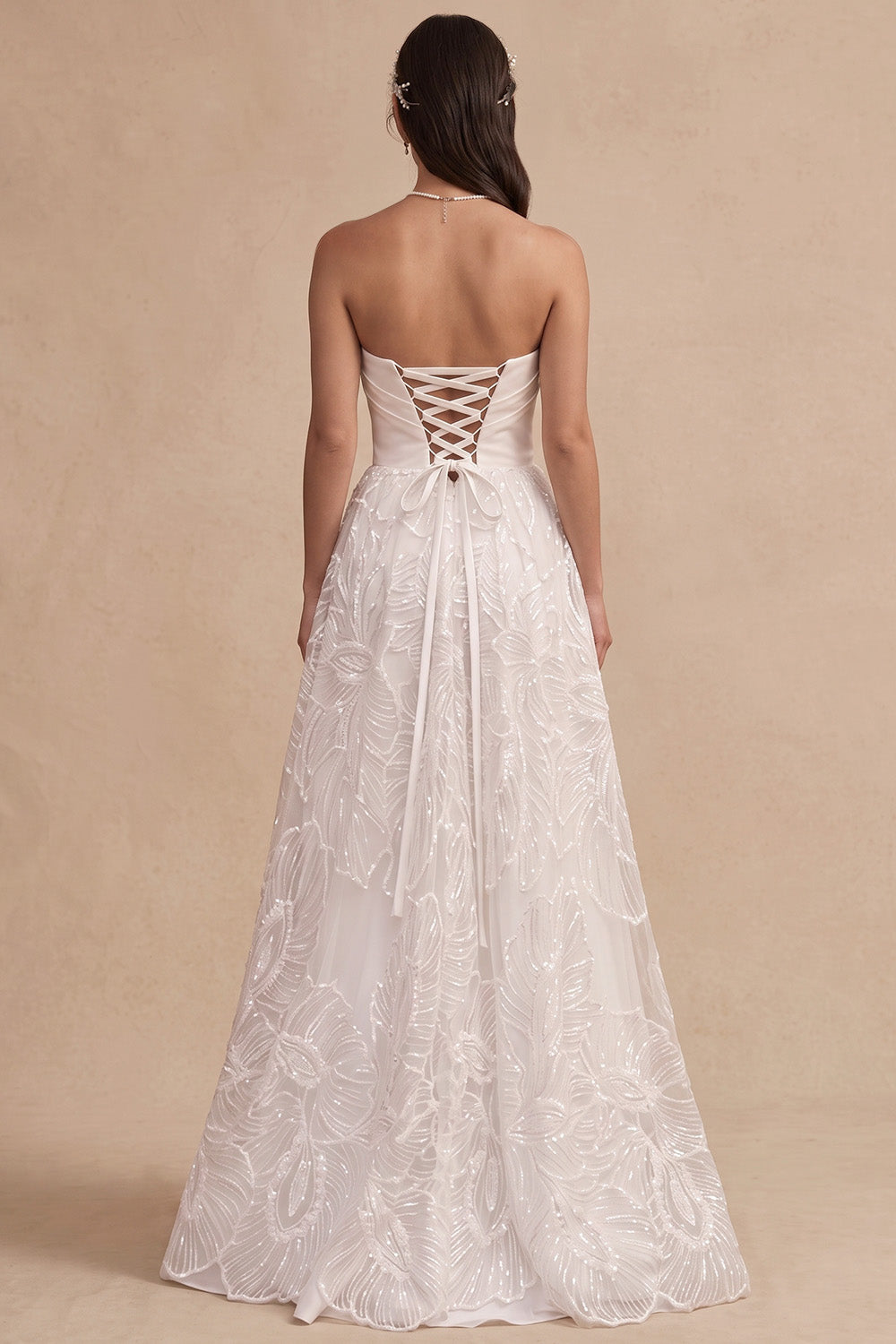White Floral A-Line Strapless Ruched Floor-Length Wedding Dress with Slit