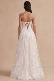 White Floral A-Line Strapless Ruched Floor-Length Wedding Dress with Slit