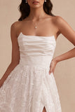 White Floral A-Line Strapless Ruched Floor-Length Wedding Dress with Slit