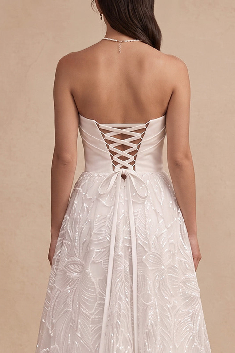 White Floral A-Line Strapless Ruched Floor-Length Wedding Dress with Slit