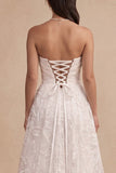 White Floral A-Line Strapless Ruched Floor-Length Wedding Dress with Slit