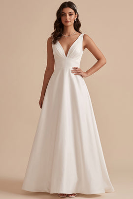Simple White A-Line V-Neck Ruched Floor-Length Wedding Dress