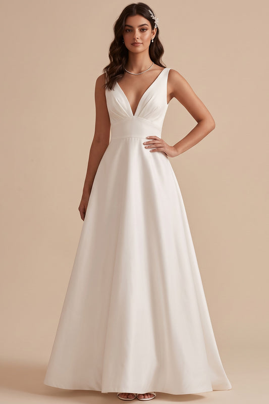 Simple White A-Line V-Neck Ruched Floor-Length Wedding Dress