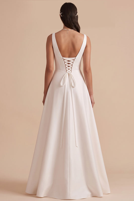 Simple White A-Line V-Neck Ruched Floor-Length Wedding Dress