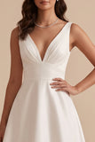 Simple White A-Line V-Neck Ruched Floor-Length Wedding Dress