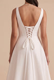 Simple White A-Line V-Neck Ruched Floor-Length Wedding Dress