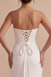 White Corset Strapless Ruched Sweep Train Wedding Dress with Slit