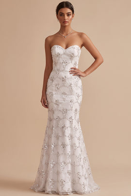 Sparkly White Mermaid Sweetheart Sequins Sweep Train Wedding Dress