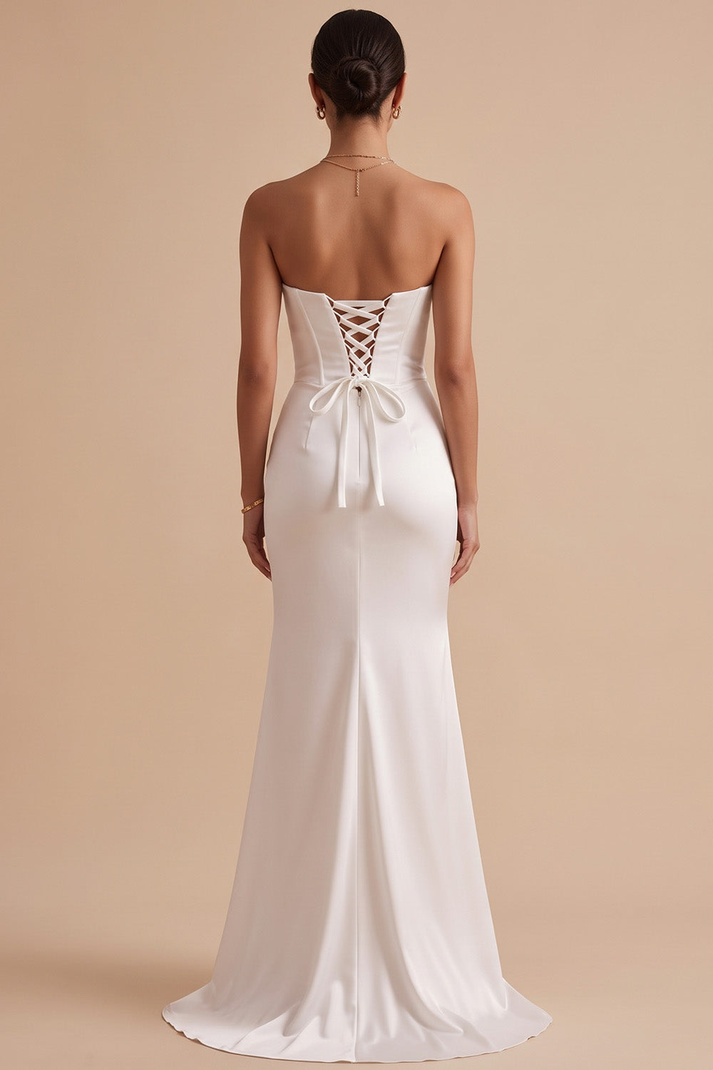 White Satin Mermaid Ruched Sweep Train Wedding Dress with Slit