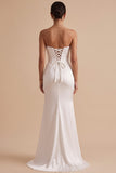 White Satin Mermaid Ruched Sweep Train Wedding Dress with Slit