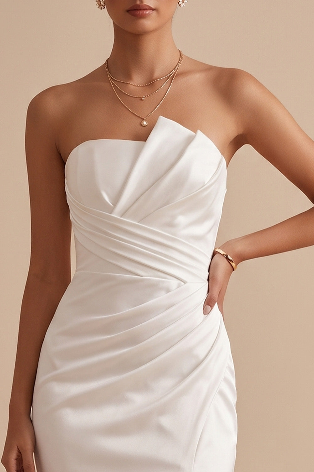 White Satin Mermaid Ruched Sweep Train Wedding Dress with Slit