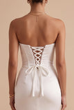 White Satin Mermaid Ruched Sweep Train Wedding Dress with Slit