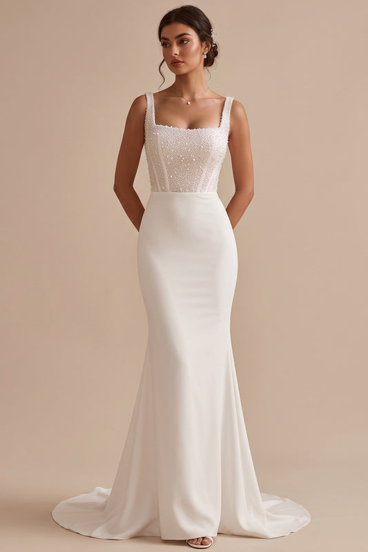 White Corset Mermaid Beaded Square Neck Sweep Train Wedding Dress