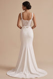 White Corset Mermaid Beaded Square Neck Sweep Train Wedding Dress