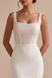 White Corset Mermaid Beaded Square Neck Sweep Train Wedding Dress