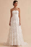 White A-Line Strapless Feathered Sweep Train Wedding Dress