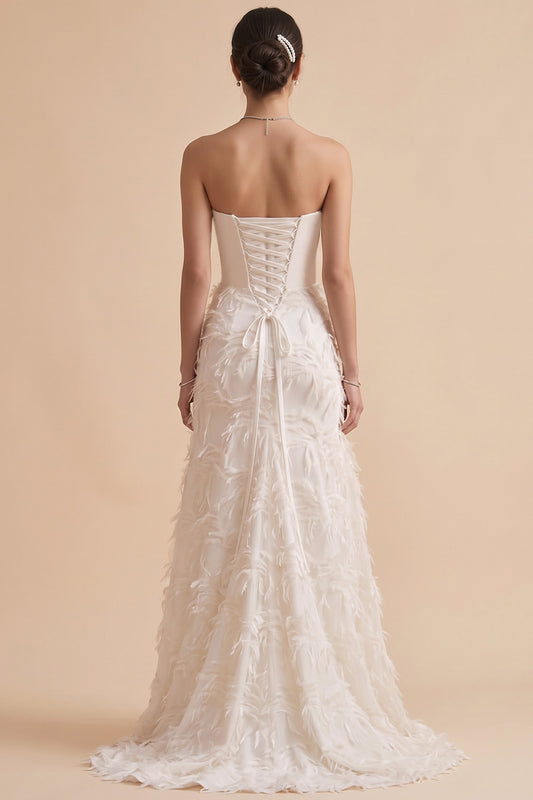 White A-Line Strapless Feathered Sweep Train Wedding Dress