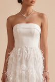 White A-Line Strapless Feathered Sweep Train Wedding Dress