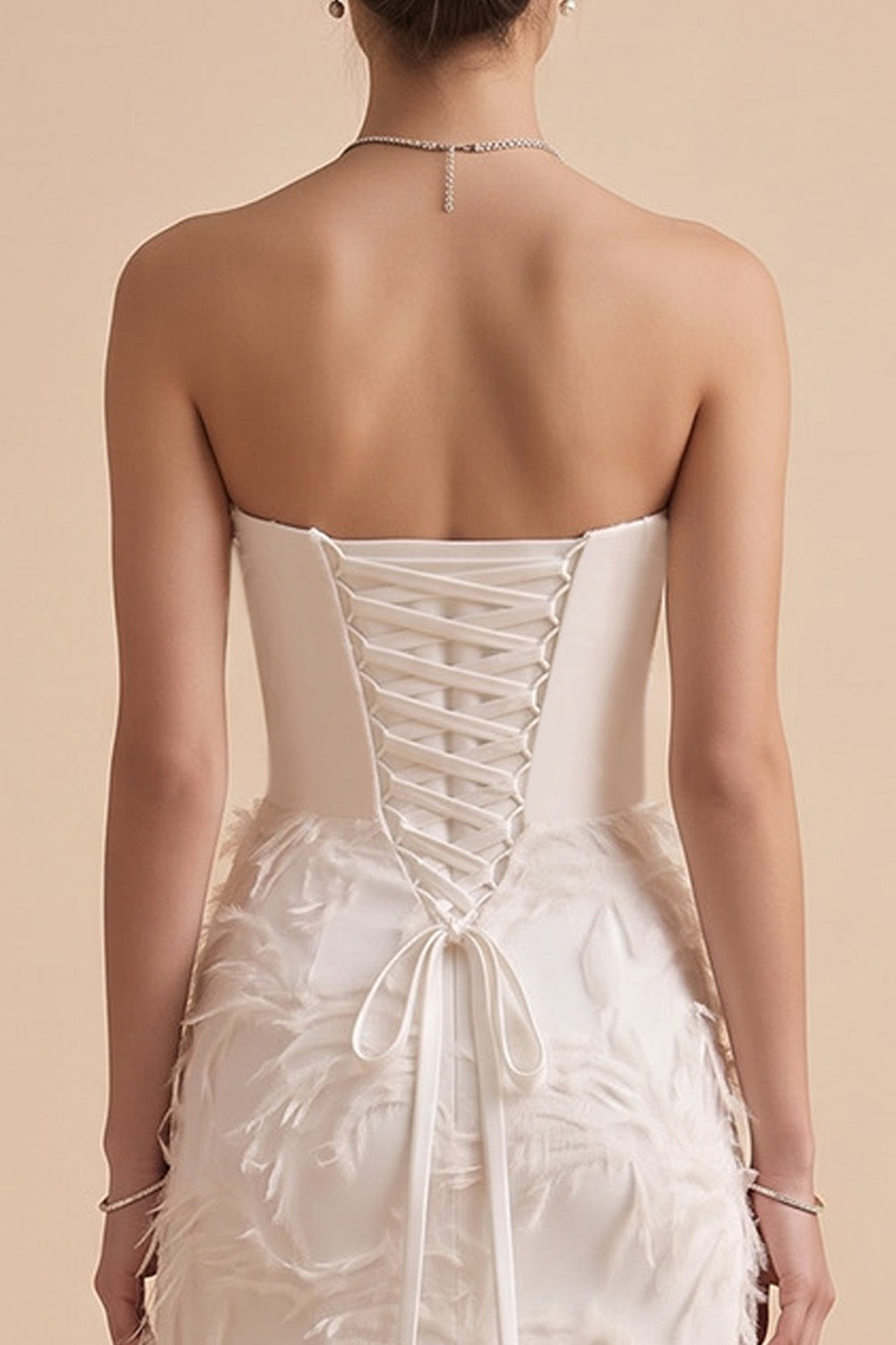 White A-Line Strapless Feathered Sweep Train Wedding Dress