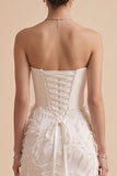 White A-Line Strapless Feathered Sweep Train Wedding Dress