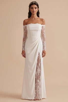 White Mermaid Corset Ruched Long Sleeves Wedding Dress with Lace