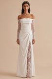 White Mermaid Corset Ruched Long Sleeves Wedding Dress with Lace