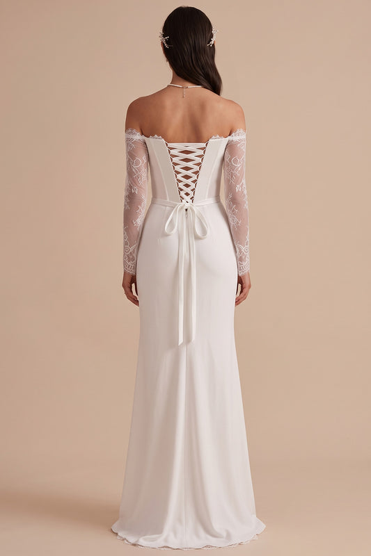White Mermaid Corset Ruched Long Sleeves Wedding Dress with Lace
