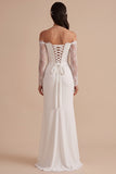White Mermaid Corset Ruched Long Sleeves Wedding Dress with Lace