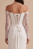 White Mermaid Corset Ruched Long Sleeves Wedding Dress with Lace