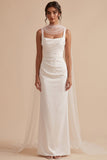 White Satin Sheath Square Neck Ruched Floor-Length Wedding Dress with Neck Scarf