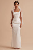 White Satin Sheath Square Neck Ruched Floor-Length Wedding Dress with Neck Scarf