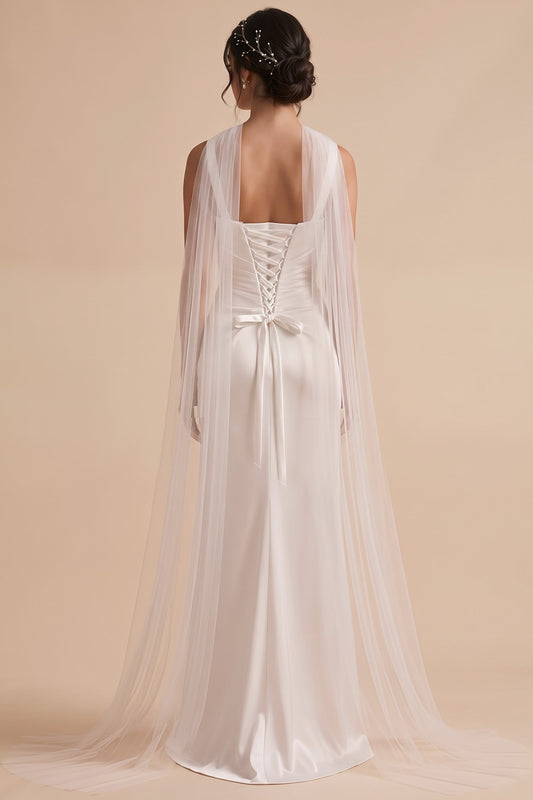 White Satin Sheath Square Neck Ruched Floor-Length Wedding Dress with Neck Scarf