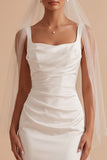 White Satin Sheath Square Neck Ruched Floor-Length Wedding Dress with Neck Scarf