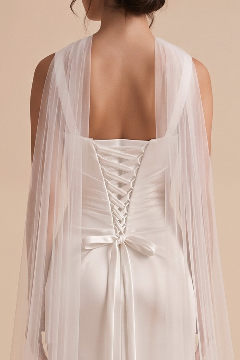 White Satin Sheath Square Neck Ruched Floor-Length Wedding Dress with Neck Scarf