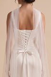 White Satin Sheath Square Neck Ruched Floor-Length Wedding Dress with Neck Scarf