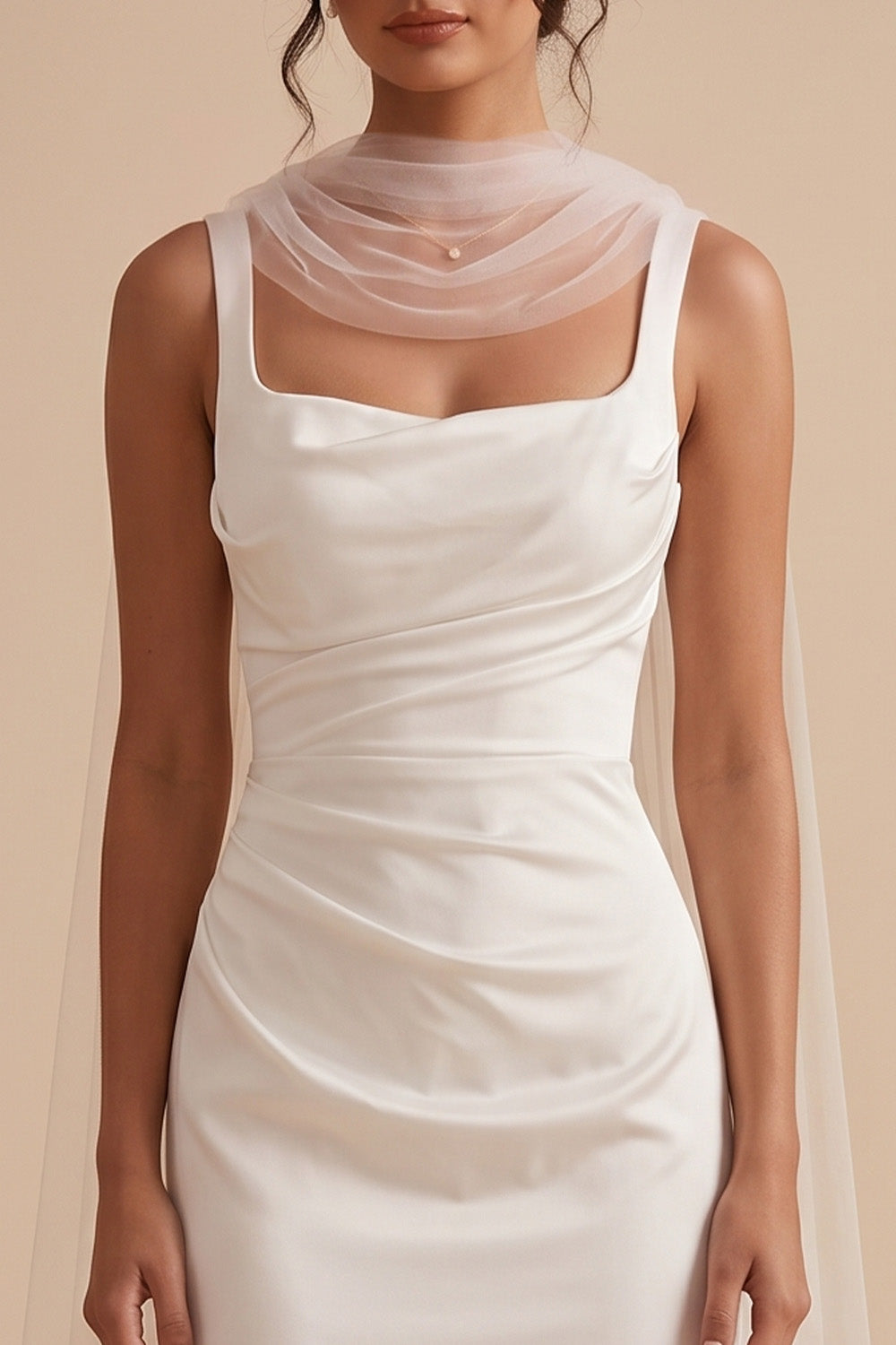White Satin Sheath Square Neck Ruched Floor-Length Wedding Dress with Neck Scarf