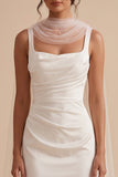 White Satin Sheath Square Neck Ruched Floor-Length Wedding Dress with Neck Scarf