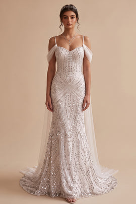 Sparkly White Mermaid Cold Shoulder Sweep Train Beaded Wedding Dress with Sash