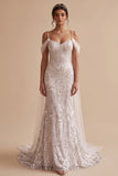 Sparkly White Mermaid Cold Shoulder Sweep Train Beaded Wedding Dress with Sash