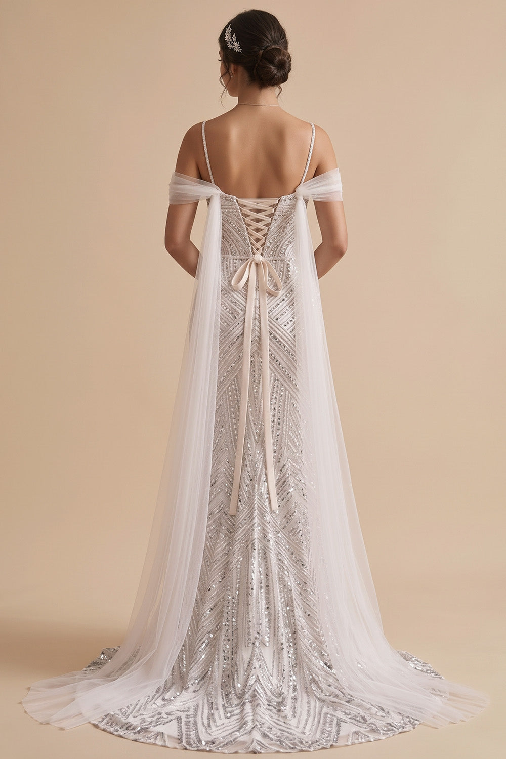 Sparkly White Mermaid Cold Shoulder Sweep Train Beaded Wedding Dress with Sash