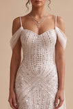 Sparkly White Mermaid Cold Shoulder Sweep Train Beaded Wedding Dress with Sash