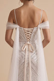 Sparkly White Mermaid Cold Shoulder Sweep Train Beaded Wedding Dress with Sash