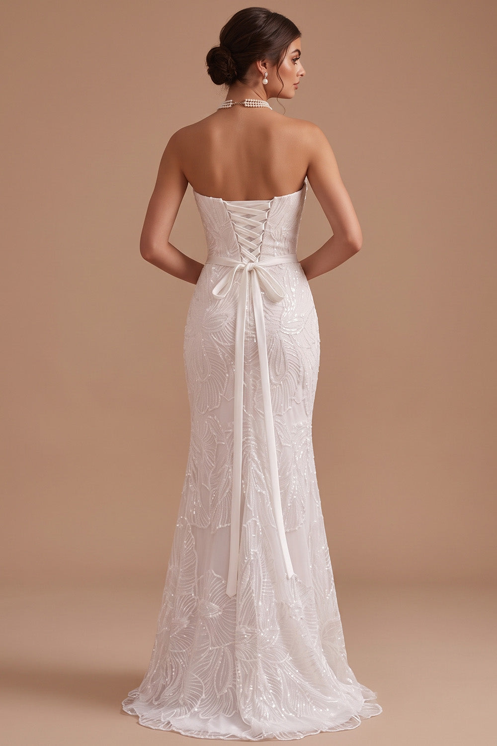 Sparkly White Floral Mermaid Strapless Ruched Sequins Sweep Train Wedding Dress
