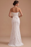 Sparkly White Floral Mermaid Strapless Ruched Sequins Sweep Train Wedding Dress
