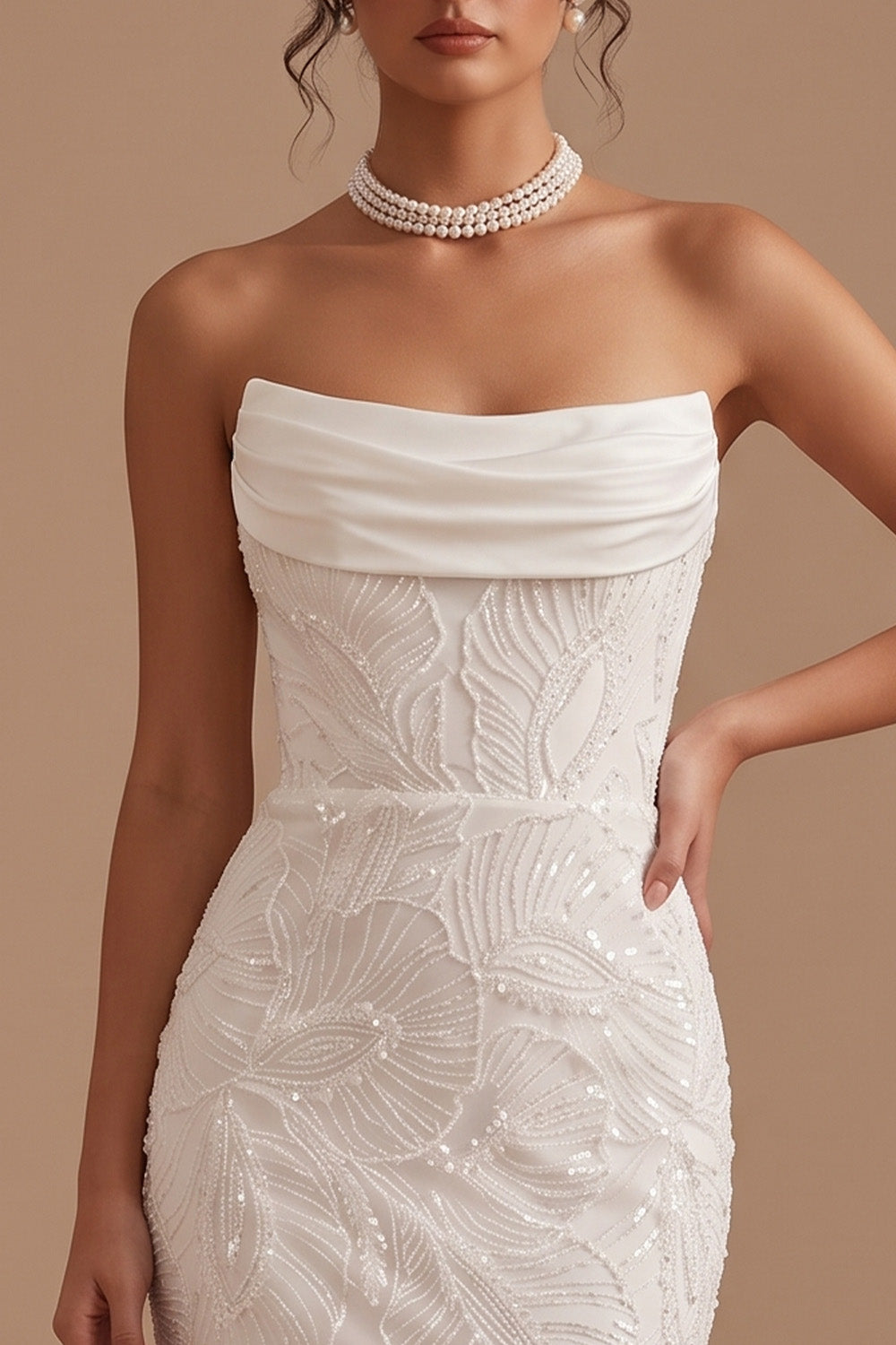 Sparkly White Floral Mermaid Strapless Ruched Sequins Sweep Train Wedding Dress
